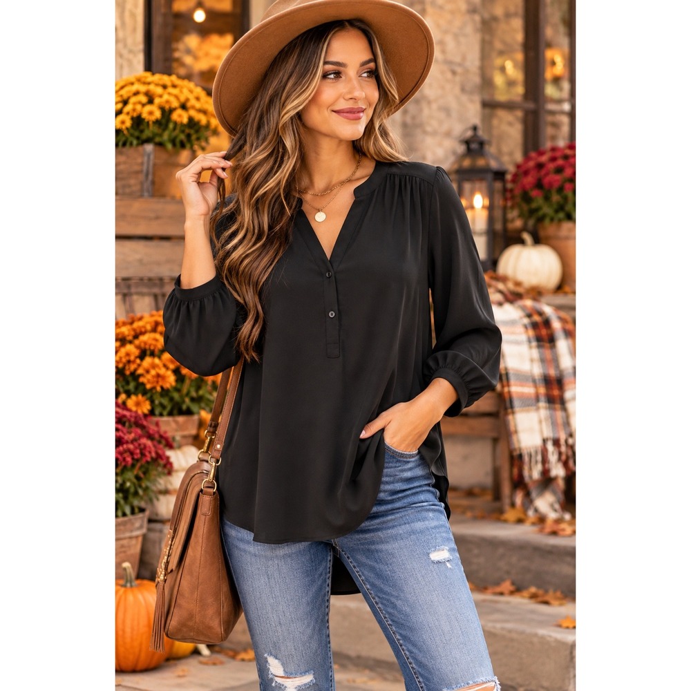 Women Small Black V Neck Blouse High Low Business Casual Office Long Sleeve Top